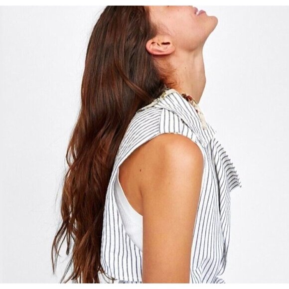 Zara Sz S Long Blue Ivory Striped Trench Seersucker Utility Duster Vest Jacket - Picture 7 of 12